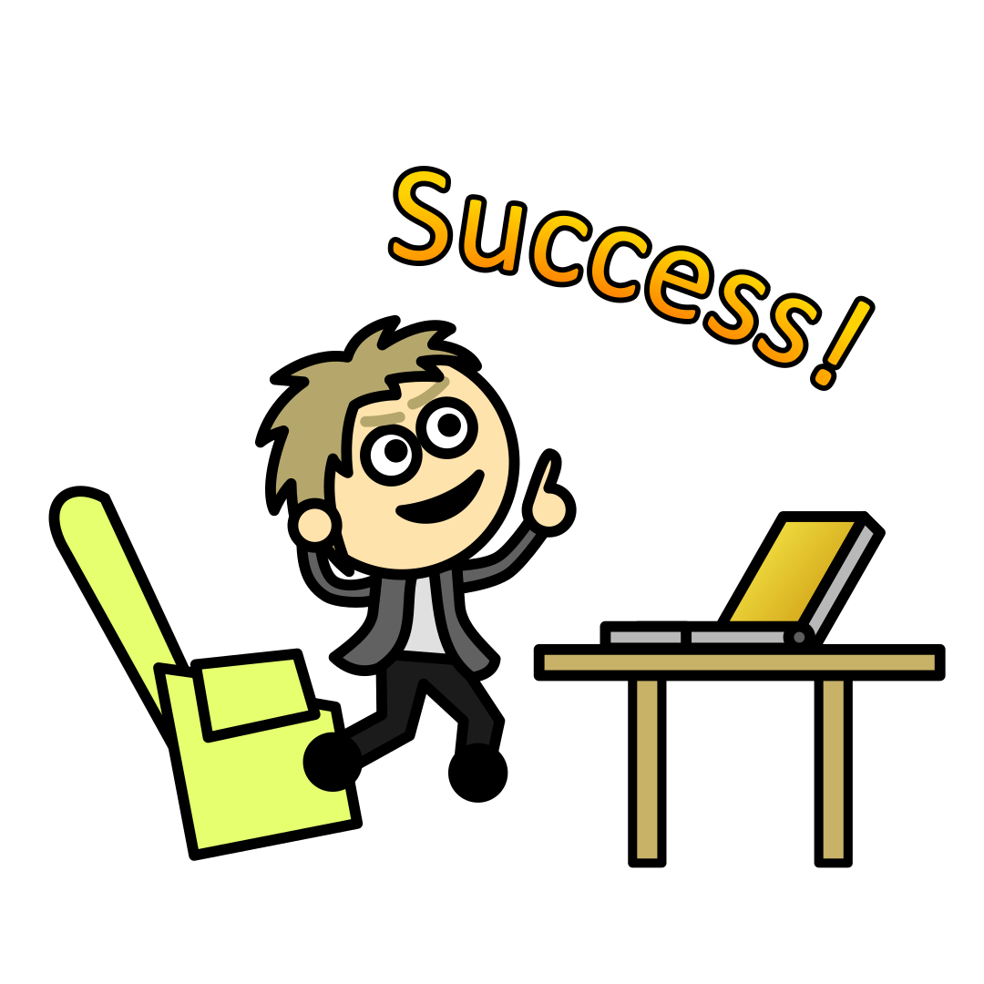 Man jumping from seat in front of laptop and shouting "Success!"
